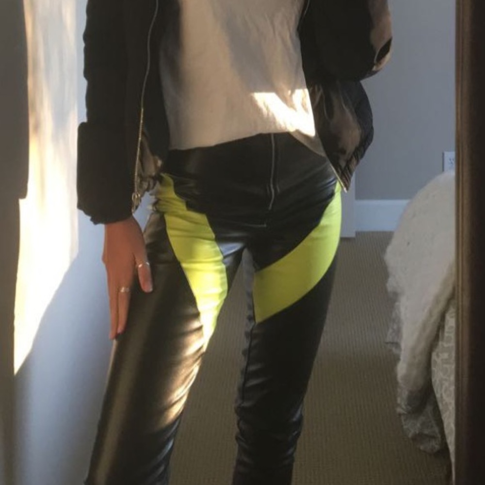Leather Zip Up Pants with Neon Stripe